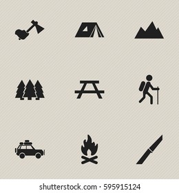 Set Of 9 Editable Trip Icons. Includes Symbols Such As Peak, Desk, Ax And More. Can Be Used For Web, Mobile, UI And Infographic Design.