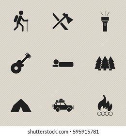 Set Of 9 Editable Trip Icons. Includes Symbols Such As Lantern, Tepee, Voyage Car And More. Can Be Used For Web, Mobile, UI And Infographic Design.