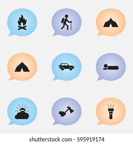 Set Of 9 Editable Trip Icons. Includes Symbols Such As Sport Vehicle, Ax, Fever And More. Can Be Used For Web, Mobile, UI And Infographic Design.