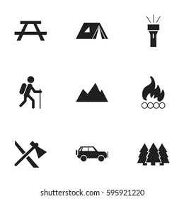 Set Of 9 Editable Trip Icons. Includes Symbols Such As Tomahawk, Lantern, Shelter And More. Can Be Used For Web, Mobile, UI And Infographic Design.