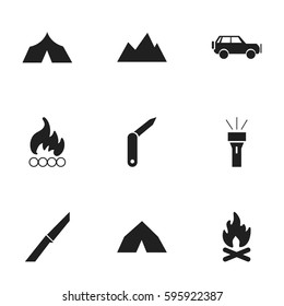 Set Of 9 Editable Trip Icons. Includes Symbols Such As Blaze, Fever, Tepee And More. Can Be Used For Web, Mobile, UI And Infographic Design.