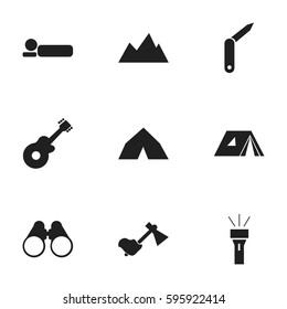 Set Of 9 Editable Trip Icons. Includes Symbols Such As Ax, Clasp-Knife, Peak And More. Can Be Used For Web, Mobile, UI And Infographic Design.