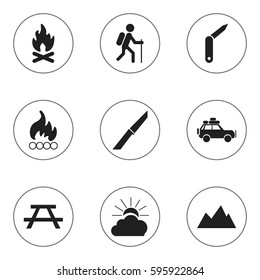 Set Of 9 Editable Trip Icons. Includes Symbols Such As Sunrise, Fever, Desk And More. Can Be Used For Web, Mobile, UI And Infographic Design.