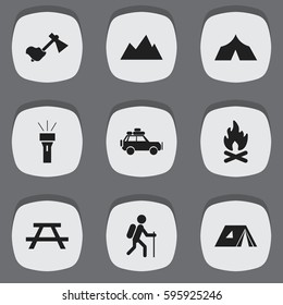 Set Of 9 Editable Trip Icons. Includes Symbols Such As Refuge, Ax, Lantern And More. Can Be Used For Web, Mobile, UI And Infographic Design.