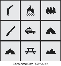 Set Of 9 Editable Trip Icons. Includes Symbols Such As Knife, Clasp-Knife, Peak And More. Can Be Used For Web, Mobile, UI And Infographic Design.