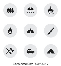 Set Of 9 Editable Trip Icons. Includes Symbols Such As Tomahawk, Pine, Refuge And More. Can Be Used For Web, Mobile, UI And Infographic Design.
