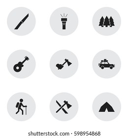 Set Of 9 Editable Trip Icons. Includes Symbols Such As Pine, Tepee, Knife And More. Can Be Used For Web, Mobile, UI And Infographic Design.