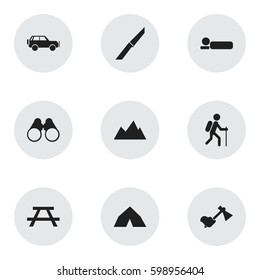 Set Of 9 Editable Trip Icons. Includes Symbols Such As Knife, Desk, Peak And More. Can Be Used For Web, Mobile, UI And Infographic Design.