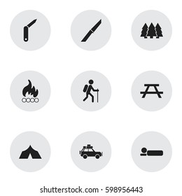 Set Of 9 Editable Trip Icons. Includes Symbols Such As Voyage Car, Knife, Refuge And More. Can Be Used For Web, Mobile, UI And Infographic Design.