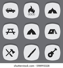 Set Of 9 Editable Trip Icons. Includes Symbols Such As Knife, Tomahawk, Desk And More. Can Be Used For Web, Mobile, UI And Infographic Design.