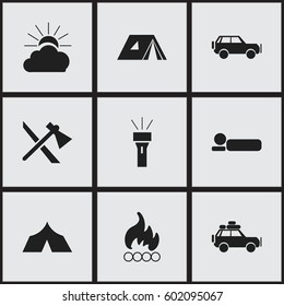 Set Of 9 Editable Trip Icons. Includes Symbols Such As Sunrise, Blaze, Sport Vehicle And More. Can Be Used For Web, Mobile, UI And Infographic Design.