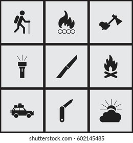 Set Of 9 Editable Trip Icons. Includes Symbols Such As Clasp-Knife, Ax, Sunrise And More. Can Be Used For Web, Mobile, UI And Infographic Design.