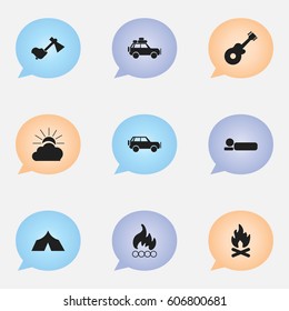 Set Of 9 Editable Trip Icons. Includes Symbols Such As Fever, Sunrise, Bedroll And More. Can Be Used For Web, Mobile, UI And Infographic Design.