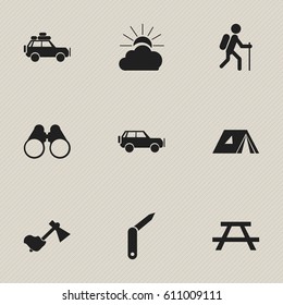 Set Of 9 Editable Trip Icons. Includes Symbols Such As Clasp-Knife, Sunrise, Sport Vehicle And More. Can Be Used For Web, Mobile, UI And Infographic Design.
