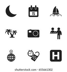 Set Of 9 Editable Trip Icons. Includes Symbols Such As Yacht, Point, Date Block And More. Can Be Used For Web, Mobile, UI And Infographic Design.