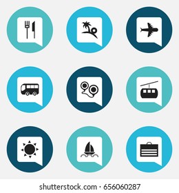 Set Of 9 Editable Trip Icons. Includes Symbols Such As Yacht, Solar, Cableway And More. Can Be Used For Web, Mobile, UI And Infographic Design.