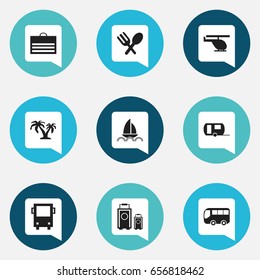 Set Of 9 Editable Trip Icons. Includes Symbols Such As Trading Purse, Yacht, Omnibus And More. Can Be Used For Web, Mobile, UI And Infographic Design.