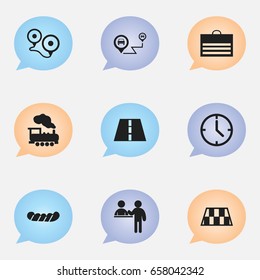 Set Of 9 Editable Trip Icons. Includes Symbols Such As Bratwurst, Gps, Trading Purse And More. Can Be Used For Web, Mobile, UI And Infographic Design.