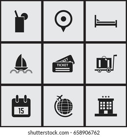 Set Of 9 Editable Trip Icons. Includes Symbols Such As Baggage, Location, Coupon And More. Can Be Used For Web, Mobile, UI And Infographic Design.