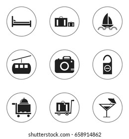 Set Of 9 Editable Trip Icons. Includes Symbols Such As Briefcase, Photo Cam, Cocktail And More. Can Be Used For Web, Mobile, UI And Infographic Design.