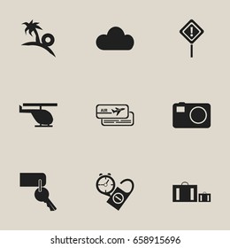 Set Of 9 Editable Trip Icons. Includes Symbols Such As Briefcase, Caution, Entrance And More. Can Be Used For Web, Mobile, UI And Infographic Design.