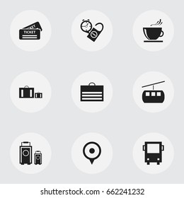 Set Of 9 Editable Trip Icons. Includes Symbols Such As Briefcase, Coupon, Cableway And More. Can Be Used For Web, Mobile, UI And Infographic Design.