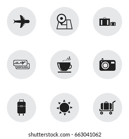 Set Of 9 Editable Trip Icons. Includes Symbols Such As Bag, Aero, Boarding Pass And More. Can Be Used For Web, Mobile, UI And Infographic Design.