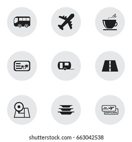 Set Of 9 Editable Trip Icons. Includes Symbols Such As Caravan, Invitation, Cup And More. Can Be Used For Web, Mobile, UI And Infographic Design.