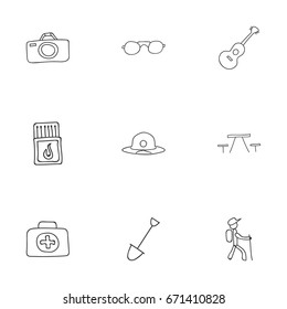 Set Of 9 Editable Trip Icons. Includes Symbols Such As Hiker, Musical Instrument, Picnic And More. Can Be Used For Web, Mobile, UI And Infographic Design.