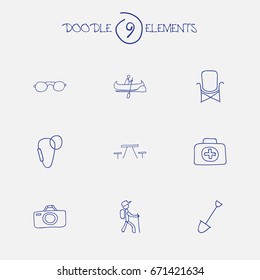 Set Of 9 Editable Trip Icons. Includes Symbols Such As Shovel, Photographing, Carabine And More. Can Be Used For Web, Mobile, UI And Infographic Design.