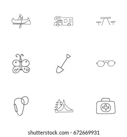 Set Of 9 Editable Trip Icons. Includes Symbols Such As Medical Kit, Boat, Camp House And More. Can Be Used For Web, Mobile, UI And Infographic Design.