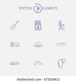 Set Of 9 Editable Trip Icons. Includes Symbols Such As Caravan, Hiker, Carabine And More. Can Be Used For Web, Mobile, UI And Infographic Design.