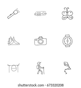 Set Of 9 Editable Trip Icons. Includes Symbols Such As Camper, Campfire Cooking, Camp House And More. Can Be Used For Web, Mobile, UI And Infographic Design.