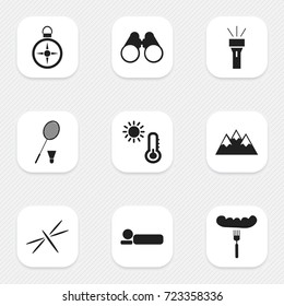 Set Of 9 Editable Trip Icons. Includes Symbols Such As Damselfly, Field Glasses, Temperature And More. Can Be Used For Web, Mobile, UI And Infographic Design.