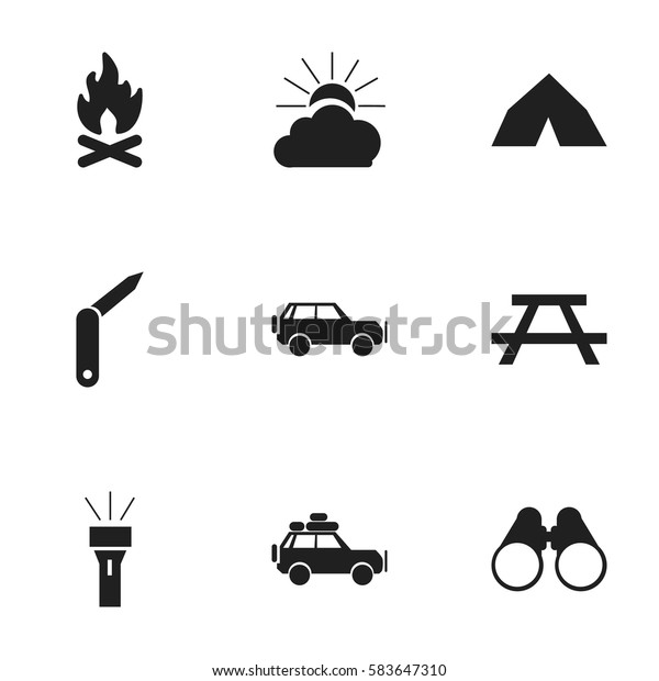 Set Of 9 Editable Trip Icons.\
Includes Symbols Such As Clasp-Knife, Field Glasses, Sunrise And\
More. Can Be Used For Web, Mobile, UI And Infographic\
Design.