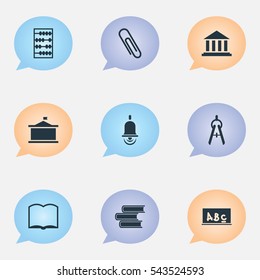 Set Of 9 Editable University Icons. Includes Symbols Such As Math Tool, Alarm Bell, School Board And More. Can Be Used For Web, Mobile, UI And Infographic Design.