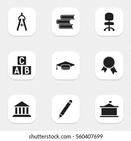 Set Of 9 Editable University Icons. Includes Symbols Such As Museum, Graduate, Work Seat And More. Can Be Used For Web, Mobile, UI And Infographic Design.