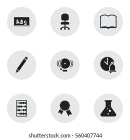 Set Of 9 Editable University Icons. Includes Symbols Such As Work Seat, School Bell, School Board And More. Can Be Used For Web, Mobile, UI And Infographic Design.