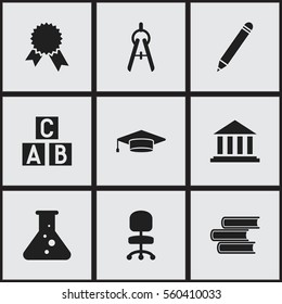 Set Of 9 Editable University Icons. Includes Symbols Such As Library, Math Tool, Chemistry And More. Can Be Used For Web, Mobile, UI And Infographic Design.
