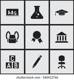 Set Of 9 Editable University Icons. Includes Symbols Such As Work Seat, Graduate, Schoolbag And More. Can Be Used For Web, Mobile, UI And Infographic Design.