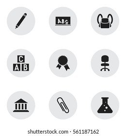 Set Of 9 Editable University Icons. Includes Symbols Such As Staple, Victory Medallion, Chemistry And More. Can Be Used For Web, Mobile, UI And Infographic Design.