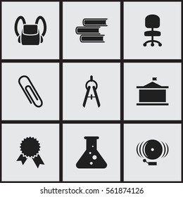 Set Of 9 Editable University Icons. Includes Symbols Such As Schoolbag, Staple, Univercity And More. Can Be Used For Web, Mobile, UI And Infographic Design.