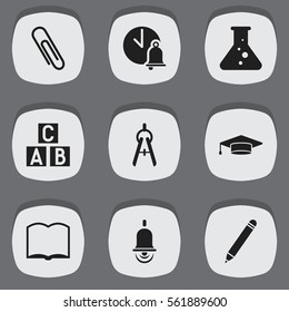 Set Of 9 Editable University Icons. Includes Symbols Such As Alphabet Cube, School Bell, Graduate And More. Can Be Used For Web, Mobile, UI And Infographic Design.