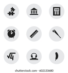 Set Of 9 Editable University Icons. Includes Symbols Such As Museum, Jigsaw, Calculator And More. Can Be Used For Web, Mobile, UI And Infographic Design.