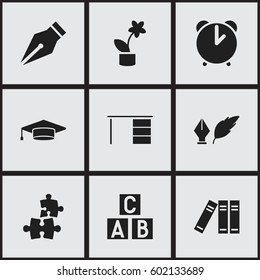 Set Of 9 Editable University Icons. Includes Symbols Such As Literature, Alarm, Bookshelf And More. Can Be Used For Web, Mobile, UI And Infographic Design.