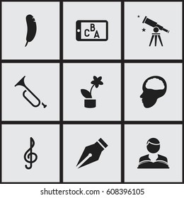 Set Of 9 Editable University Icons. Includes Symbols Such As Feather, Binoculars, Phone Play And More. Can Be Used For Web, Mobile, UI And Infographic Design.