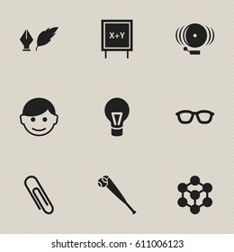 Set Of 9 Editable University Icons. Includes Symbols Such As Literature, Blackboard, Lamp And More. Can Be Used For Web, Mobile, UI And Infographic Design.
