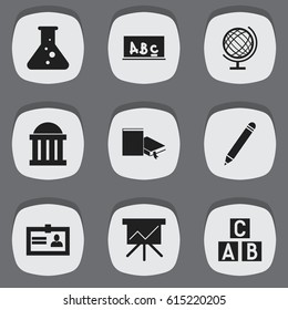 Set Of 9 Editable University Icons. Includes Symbols Such As Chart Board, Courtroom, Pencil And More. Can Be Used For Web, Mobile, UI And Infographic Design.