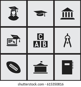 Set Of 9 Editable University Icons. Includes Symbols Such As Distance Learning, Alphabet Cube, Workbook And More. Can Be Used For Web, Mobile, UI And Infographic Design.