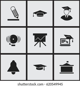 Set Of 9 Editable University Icons. Includes Symbols Such As Graduation Hat, Graduate, Diplomaed Male And More. Can Be Used For Web, Mobile, UI And Infographic Design.